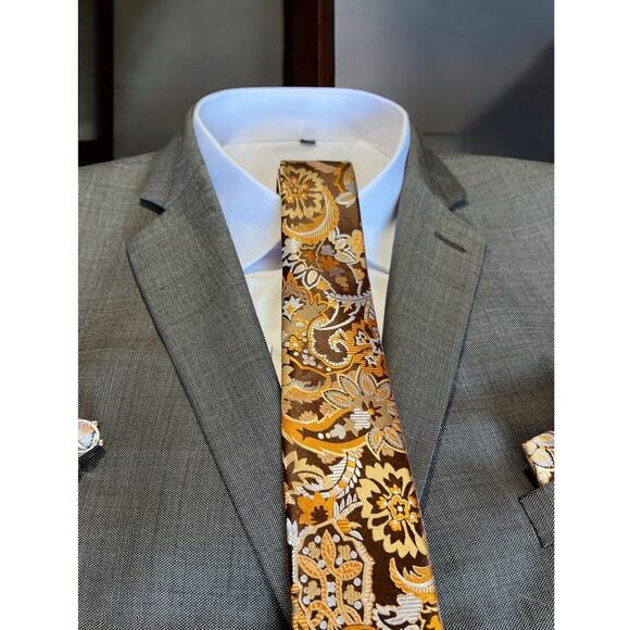 Men’s 3 Piece Tie Set Brown Paisley Tie Pocket Square Cufflinks 57.75"x3.25" - Picture 4 of 4